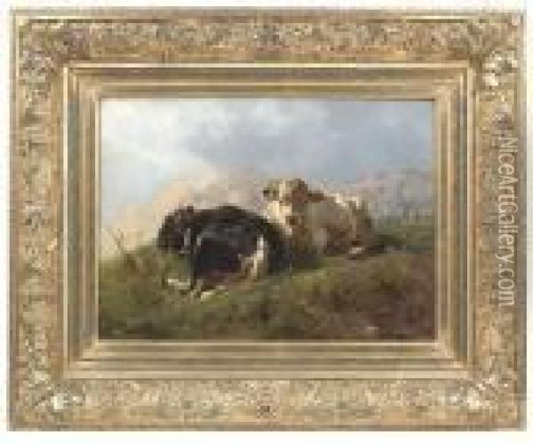 Braith, Anton. Two Resting Cows Oil Painting - Anton Braith