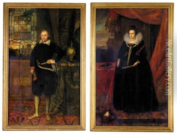 Portrait Of Sir George Fermor (+ Portrait Of Mary, His Wife; Pair) Oil Painting - Robert Peake the Elder