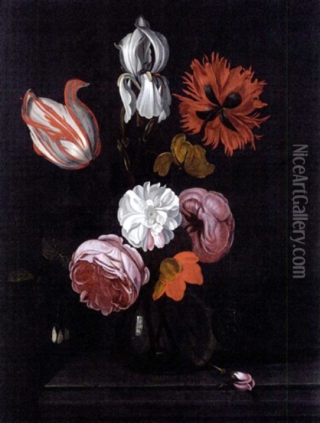 A Parrot Tulip, Roses, An Iris And Other Flowers In A Glass Vase On A Stone Ledge Oil Painting - Martinus Nellius