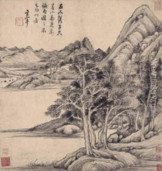 Landscape After Huang Gongwang Oil Painting - Dong Qichang