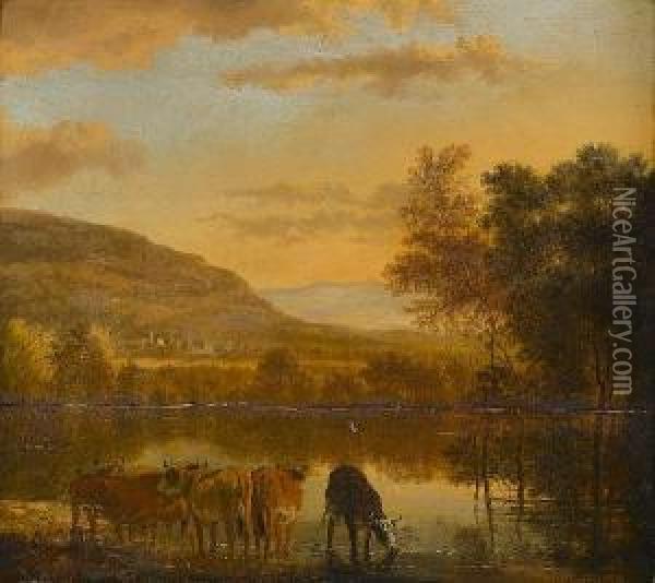 A River Landscape With Cattle Watering In The Foreground Oil Painting - Jan Hackaert
