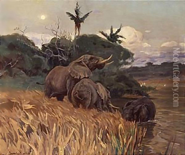 A Herd Of Elephants By Moonlight Oil Painting - Wilhelm Kuhnert