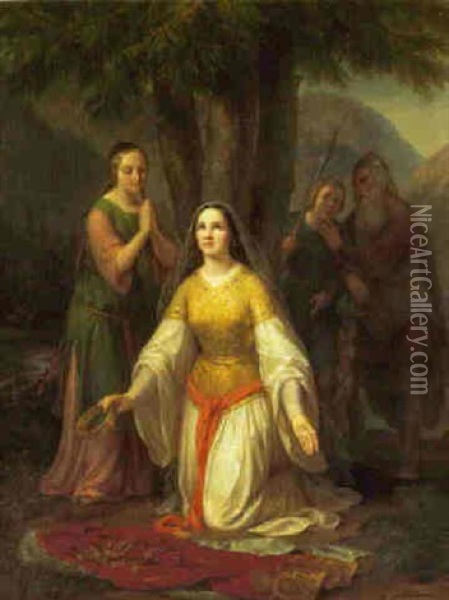 Mittelalterliche Szenerie: Eine Junge Frau Ist Auf Die Knie Gefallen Und Blickt Hilfesuchend Gen Himmel Oil Painting - Johann Georg Buchner