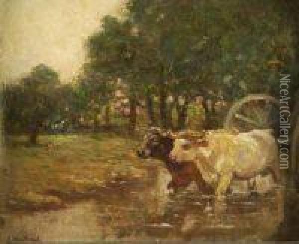 Fernand Maillaud . Ox Cart Fording A Stream Oil Painting - Fernand Maillaud