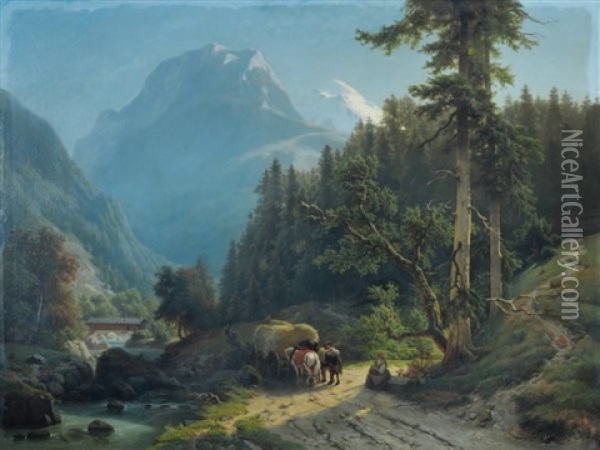 Charrette De Foin Dans Un Paysage Alpin Oil Painting - Jacobus Nicolas (Baron) Tjarda van Starkenborg