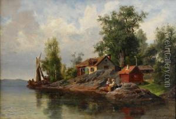 Kustlandskap Med Gardsidyll Oil Painting - Jacob Johan Silven