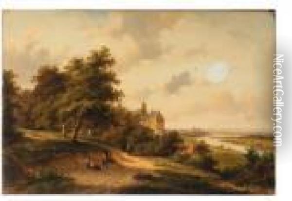 A Panoramic View Of A River 
Valley With Travellers Resting On Awooded Path In The Foreground Oil Painting - Jan Evert Morel