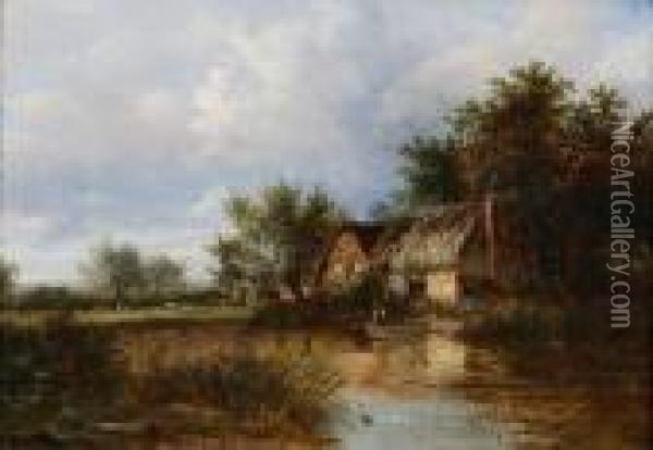 Angler Fishing From A Punt By A Riverside Cottage Oil Painting - Joseph Thors