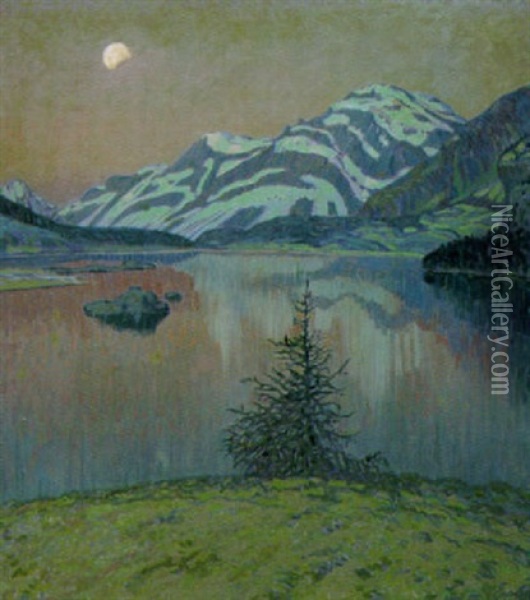 Mondaufgang Uber Einem Engadin-see Oil Painting - Erich Erler-Samedan