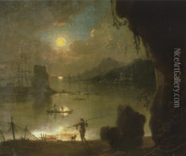 Moonlit Harbor With Fisherman And Dog By Shore Oil Painting - Charles Francois Lacroix