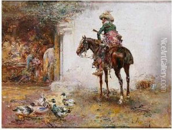 Caballero Llegando A Unafonda Oil Painting - Jose Navarro