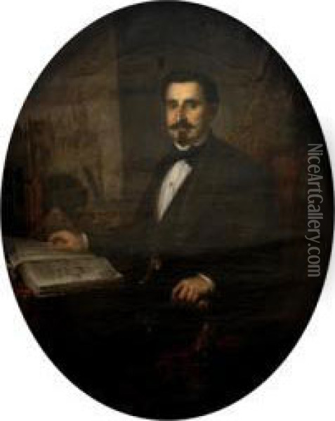 Retrato De Abogado Con Sevilla Al Fondo Oil Painting - Jose Maria Romero Y Lopes