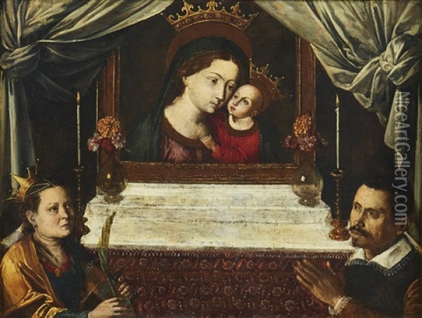 A Male Donor Accompanied By Saint Catherine Praying By An Altar With The Virgin And Child Oil Painting - Carlo Saraceni