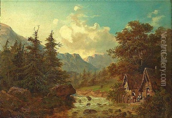 Gebirgslandschaft Mit Kleinen Bauernkaten Am Ufer Eines Baches Oil Painting - Julius Karl Rose