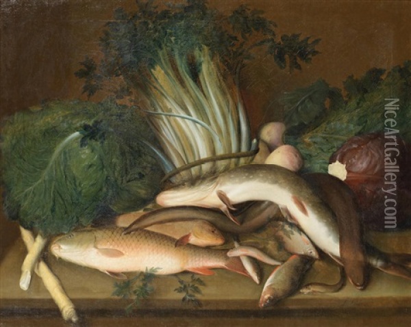 Fish With Cabbages, Cardoons And Other Vegetables On A Stone Ledge Oil Painting - Louis (Lewis) Hubner