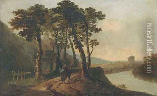 An Italianate landscape with figures by a river Oil Painting - William Hodges