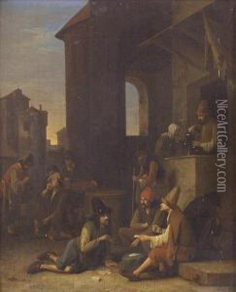 Peasants Playing Cards Before A Tavern Oil Painting - Pieter Harmensz Verelst