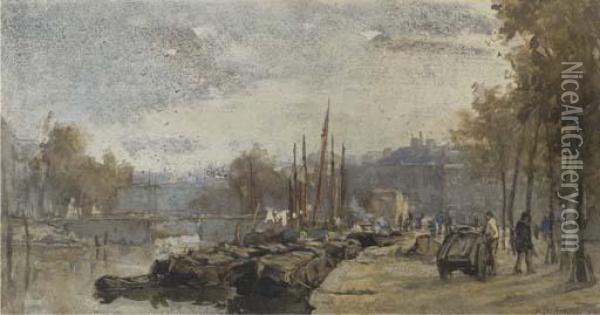 Barges Along A Quay In A City Oil Painting - Johann Hendrik Van Mastenbroek