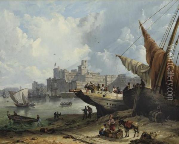 A Busy Day In A Mediterranean Harbour Oil Painting - Petrus Augustus Beretta