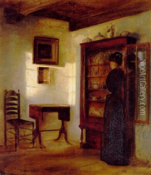Interior Fra En Stue Med Kvinde Ved Abentstaende Vitrine, Belyst Af Eftermiddagssolen Oil Painting - Carl Vilhelm Holsoe