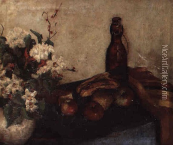 Still Life Of Flowers In A Bowl, Fruit And A Glass Bottle Oil Painting - Alfred Henry Maurer