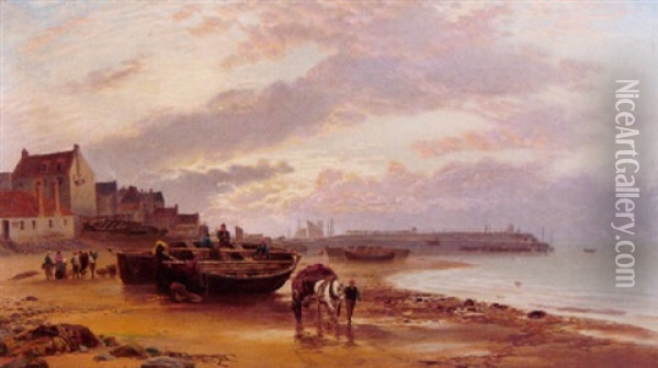A Scottish Fishing Village With A Figure And Cart On The Beach In The Foreground Oil Painting - John MacPherson
