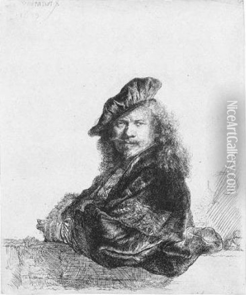 Self Portrait Leaning On A Stone Sill (b., Holl.21; H.168; Bb.39-e) Oil Painting - Rembrandt Van Rijn