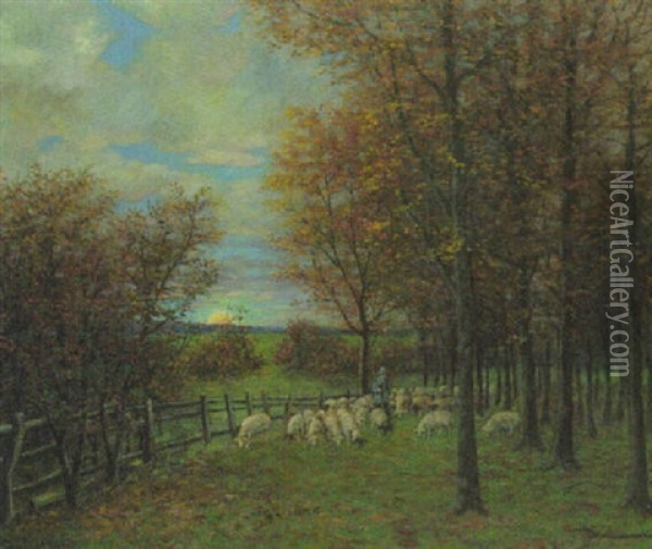 Schafer Mit Seiner Herde Im Pferch Bei Abendstimmung Oil Painting - Peter Paul Mueller