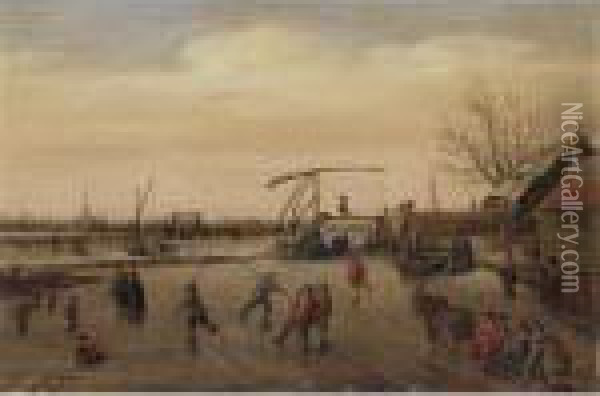 Winter Landscape With Skaters Oil Painting - Esaias Van De Velde