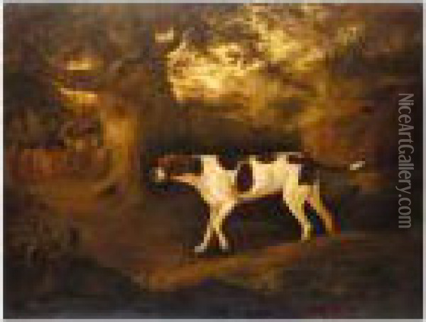 A Pointer In A Landscape Oil Painting - Thomas Weaver