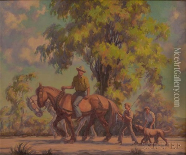 Farmer With Team And Young Sons Heading Home Oil Painting - Alphonse Palumbo