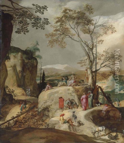 The Sermon On The Mount, A Rocky Landscape Beyond Oil Painting - Abraham Bloemaert
