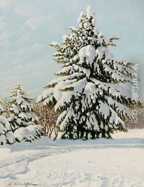 Constantine Westchiloff . Winter Landscape Oil Painting - Constantin Alexandr. Westchiloff