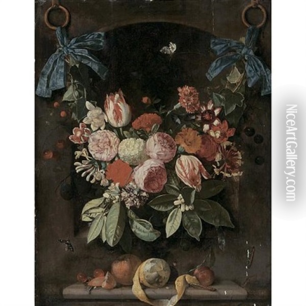 A Festoon Of Flowers Suspended By Blue Ribbons Before A Niche, With A Peeled Lemon, Cherries, An Orange And A Plum Resting On A Ledge Below Oil Painting - Christiaan Luycks