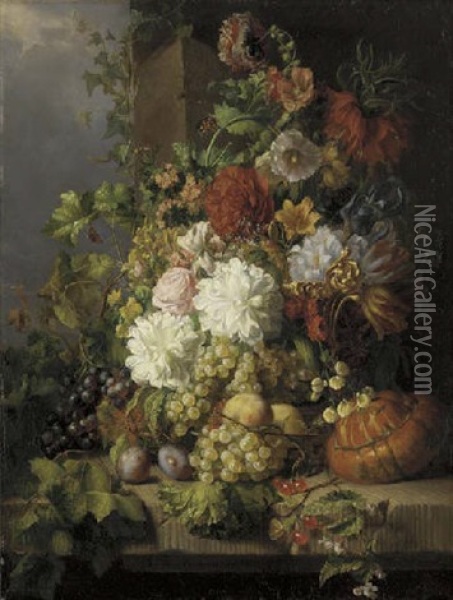 Roses, Poppies, Peonies, Tulips And Iris And Other Flowers With Peaches, Grapes, Cherries, Plums, And A Gourd On A Stone Ledge With Butterflies Oil Painting - Jacoba Catharina Dorothea Hansen