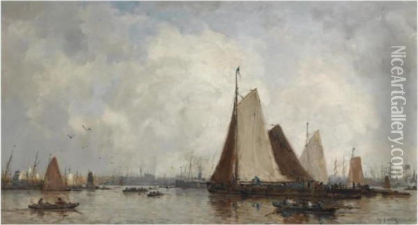 Bateaux Sur La Meuse Devant Rotterdam (shipping On The Maas,rotterdam) Oil Painting - Johann Hendrik Van Mastenbroek