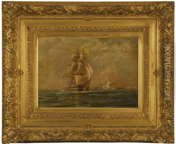 Whaler And Other Vessels Off The Coast Oil Painting - Lemuel D. Eldred