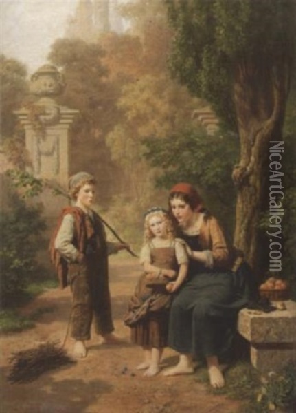Drei Kinder Im Park. Die Beiden Madchen Mit Apfelkorben Und Strickzeug, Der Junge Mit Einem Bundel Reisig Oil Painting - Franz Maria Ingenmey