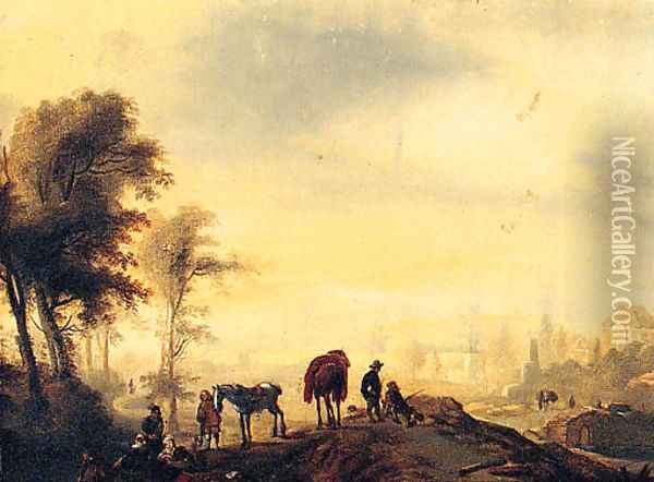 Figures resting on a Track, with a Town beyond Oil Painting - Philips Wouwerman