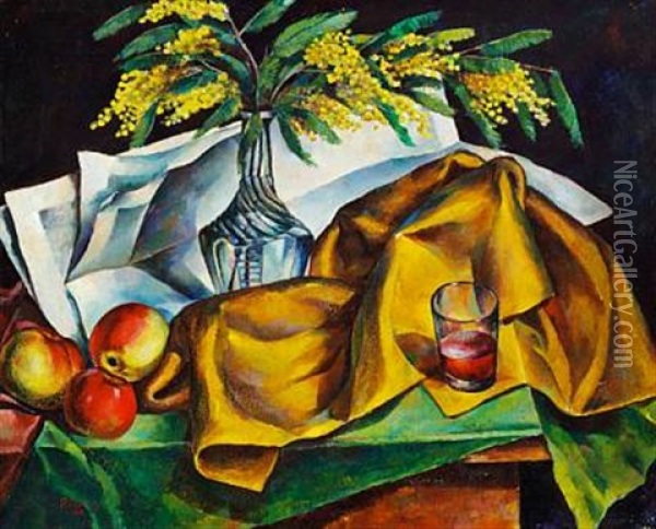 Still Life With Mimosas Oil Painting - Renato Paresce