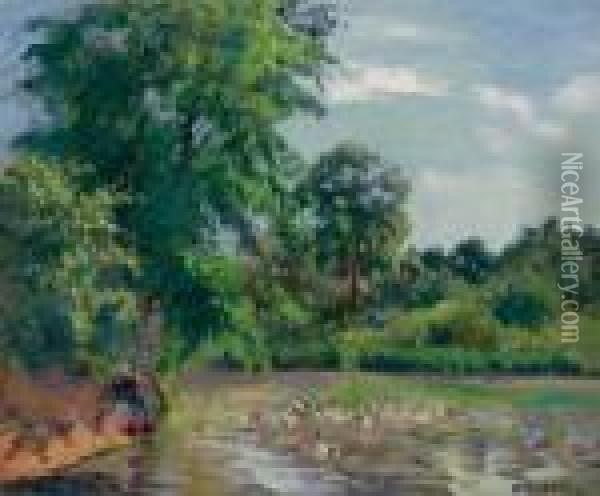 Canards Sur L'etang De Montfoucault Oil Painting - Camille Pissarro