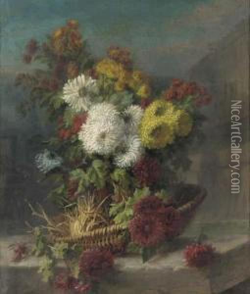 Still Life With Chrysanthemum In A Basket Oil Painting - Augustin Maniquet