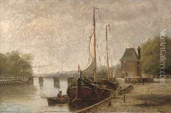 A Dutch canal with barges, near Haarlem Oil Painting - Hendrik Hulk