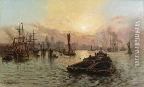 The Thames Near Greenwich; The Tower Of London From Londonbridge Oil Painting - Charles John de Lacy