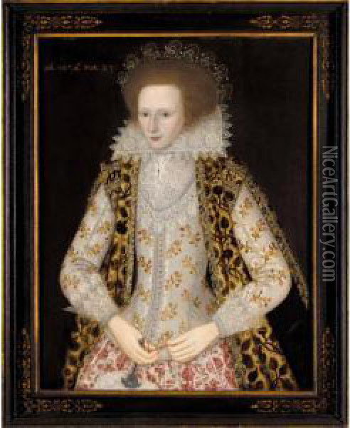 Portrait Of Elizabeth Honeywood,
 Three-quarter Length, Standing, Wearing A Rich Embroidered Dress, And 
Holding A Fan Oil Painting - William Larkin