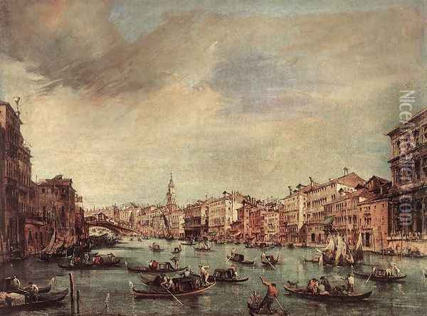The Grand Canal, Looking toward the Rialto Bridge c. 1765 Oil Painting - Francesco Guardi