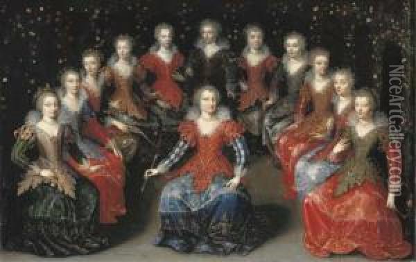 An Allegory Of Love (?): Twelve Noblewomen Seated In A Garden, Each Holding An Arrow Oil Painting - Claude Deruet