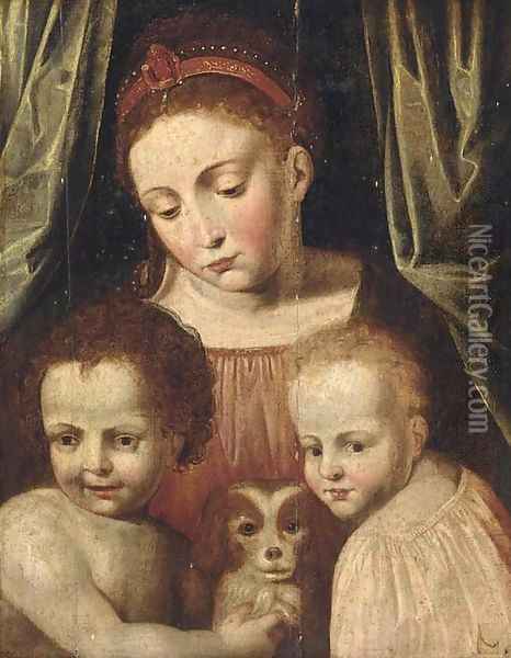 A woman and two children with a dog Oil Painting - Flemish School