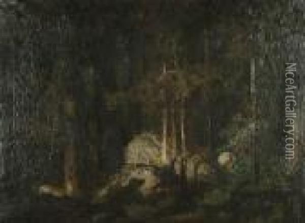 The Forest At Night. Oil Painting - Thomas E. Mostyn