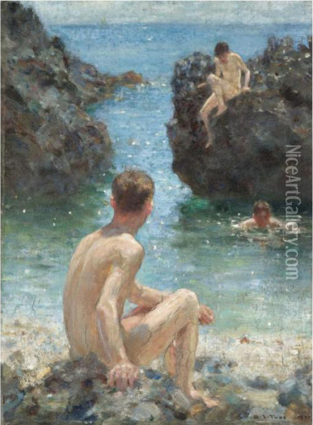The Bathing Place Oil Painting - Henry Scott Tuke